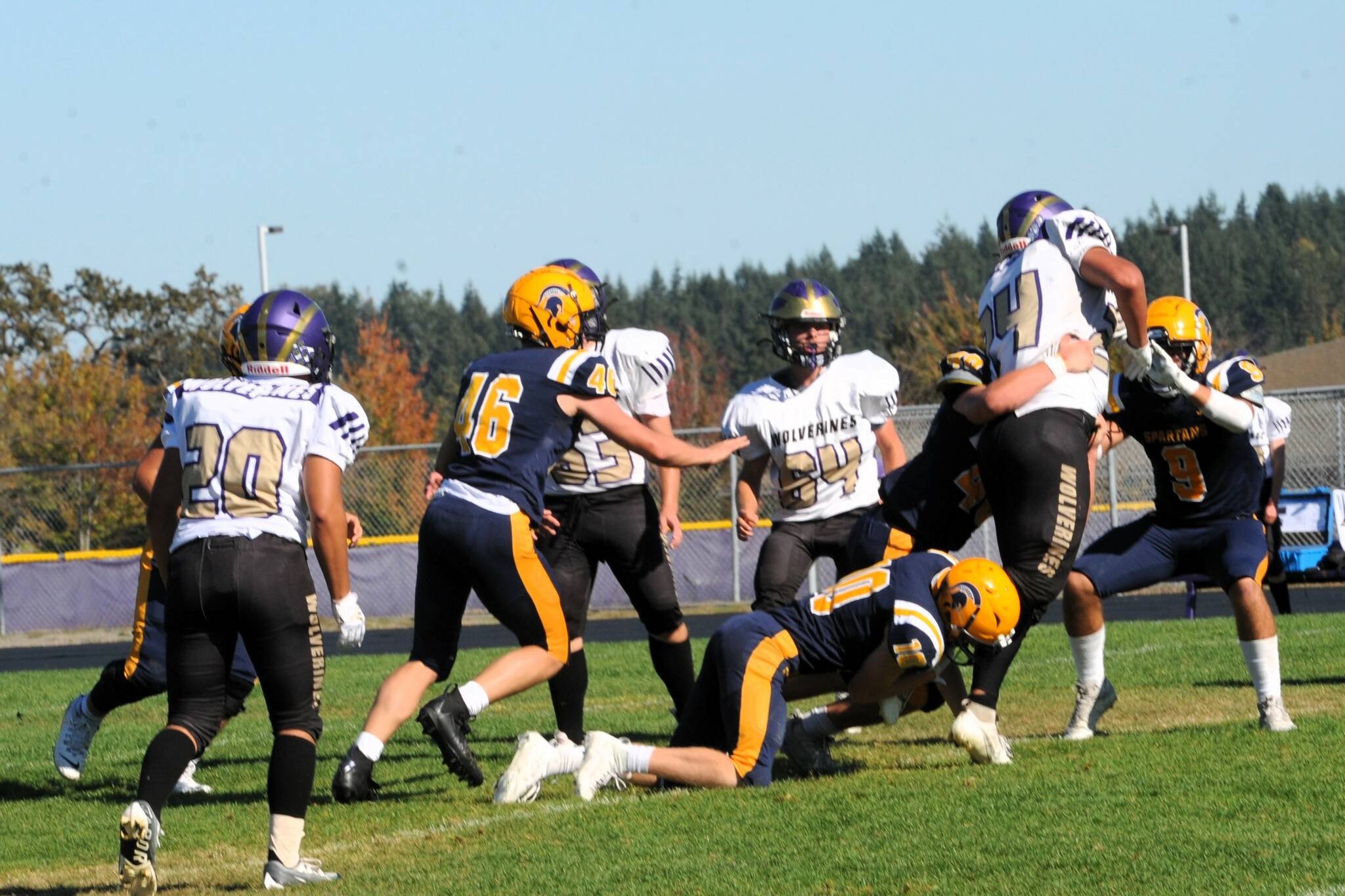 It was a strong defense that held the Friday Harbor Wolverines to only 6 points Saturday afternoon in Sequim. Pictured here bringing down the Friday Harbor runner are from left Brody Lausche, Landen Olson, Nate Dahlgren, and Kade Highfield. It was Forks 40 and Friday Harbor 6. Photo by Lonnie Archibald