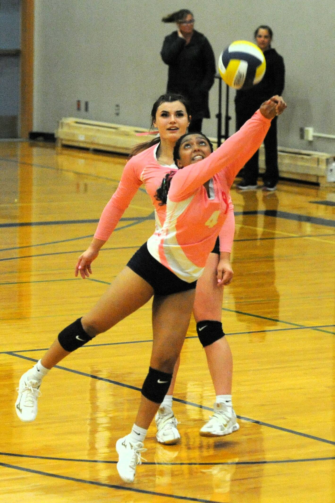 Spartan Kaidence Rigby looks on while teammate Eladia Hernandez-Stansbury makes a save against the Ravens in a contest won by Raymond-South Bend. Photo by Lonnie Archibald