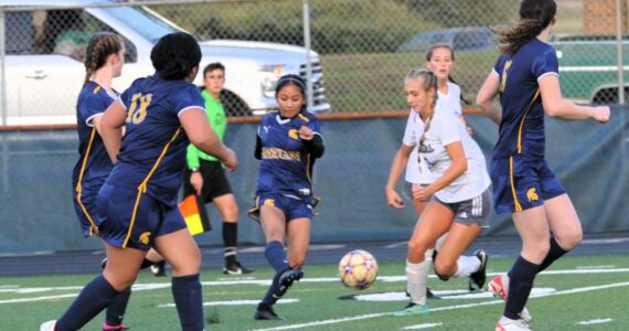 Spartan Marysleidy Hernandez-Beltran controls the ball against Adna who defeated Forks at Spartan Stadium on Oct 9. Also in the action from left are Aliya Gillett, Amari Penn, and Keira Johnson. Photo by Lonnie Archibald