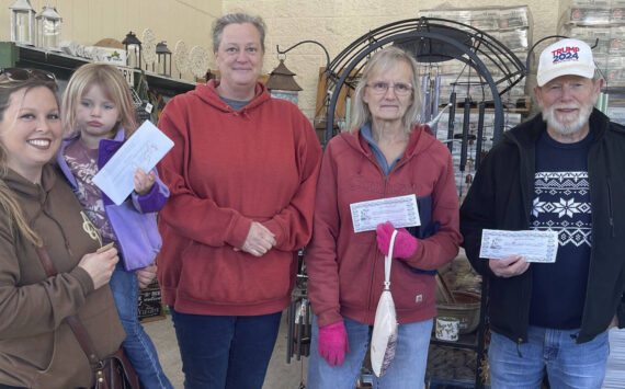 The Nov. 25 Santa Bucks drawing was held at 1 p.m. amongst the WEYL Christmas trees, outside Outftter’s Ace Hardware entrance. Santa Bucks winners were Etta Mae Baker, Misty Rockwell, and Christa Baker; other winners of Outfitter’s gift cards and Sully’s gift certificates were Queenie Black, Sarah Warner, Verlie Flores, Lisa Bishop, and Ron Tull. Pictured are Baker, Baker, Rockwell, Bishop, and Tull. Dec. 2 another $100 in Santa Bucks will be given out.
 Photo Christi Baron