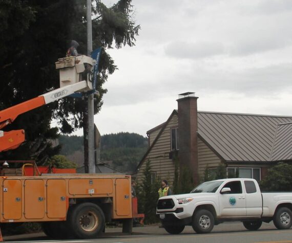 City of Forks Public Works crew members worked last week to get the downtown Christmas decorations up. Photo Christi Baron