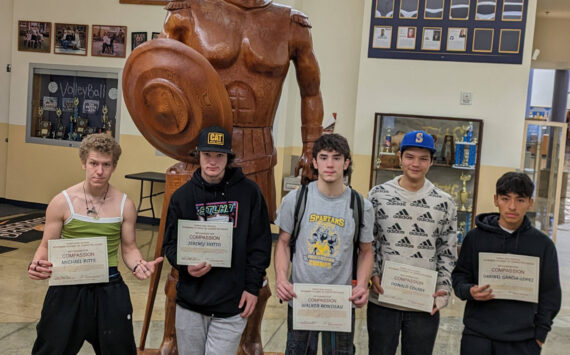 Forks High School celebrated November Students of Character with goodies, stickers, and certificates. It was a small group but these 6 students were recognized for their “Compassion”. Left: Michael Pitts, Jeremy Hutto, Walker Rondeau, Donald Colfax, Darinel Garcia-Lopez. Not pictured Hunter Dent. Submitted photo
