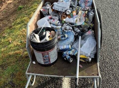 Out the window trash, my 2nd cart full off Bogachiel Way, in the County. BTW, CCSO Chain gang is not picking roadside trash now due to a shortage of Deputies. Photo Randy Mesenbrink