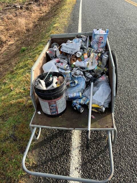 Out the window trash, my 2nd cart full off Bogachiel Way, in the County. BTW, CCSO Chain gang is not picking roadside trash now due to a shortage of Deputies. Photo Randy Mesenbrink