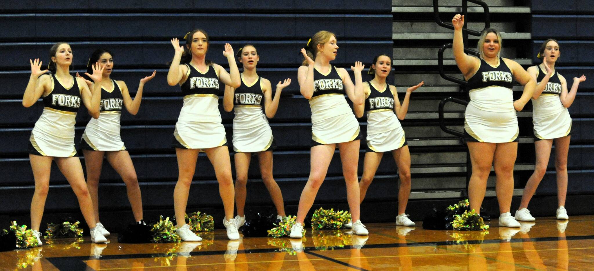 Pictured here are the Forks Spartan cheerleaders for the 2023-2024 basketball season, Kaidyn Decker, Danikka King, Aliya Gillett, Taylor Ferro, Jaidyn Hoban, Libby Owen, Hayli Highfield, Adera Theil. Not pictured is cheerleader advisor Sapphire Leons.	Photo by Lonnie Archibald.