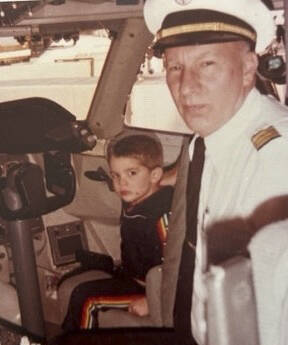 Tony in the seat in a cockpit of a 747 with his dad, Pan Am pilot Francis Stewart Romeo. Romeo recalled playing in a skit about Amelia Earhart in 4th grade, with classmate Dustin Davis.