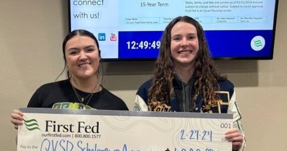 Pictured here are FHS Seniors Rowan Ball and Keira Johnson with a big check/donation from First Federal! QVSA will be held March 16 and 17 at the FHS Commons. The FHS senior class of 2024 invites all to the 60th QVSA! This is an incredible event in our community. If you have any items that you would like to donate feel free to message or call (360) 640-8190!