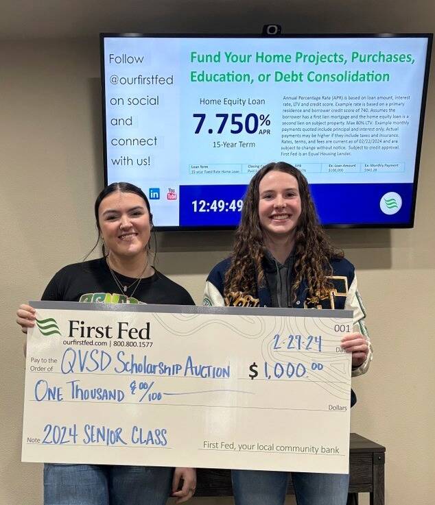 Pictured here are FHS Seniors Rowan Ball and Keira Johnson with a big check/donation from First Federal! QVSA will be held March 16 and 17 at the FHS Commons. The FHS senior class of 2024 invites all to the 60th QVSA! This is an incredible event in our community. If you have any items that you would like to donate feel free to message or call (360) 640-8190!