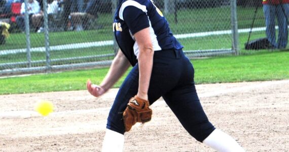 Spartan pitcher Chloe Leverington in 2019 under Coach Jr. Dean helped Forks to a fourth place finish at State in class 1A competition. Leverington, now a junior at Saint Martin’s University, is their primary pitcher. Photo by Lonnie Archibald