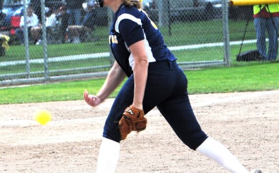 Spartan pitcher Chloe Leverington in 2019 under Coach Jr. Dean helped Forks to a fourth place finish at State in class 1A competition. Leverington, now a junior at Saint Martin’s University, is their primary pitcher. Photo by Lonnie Archibald