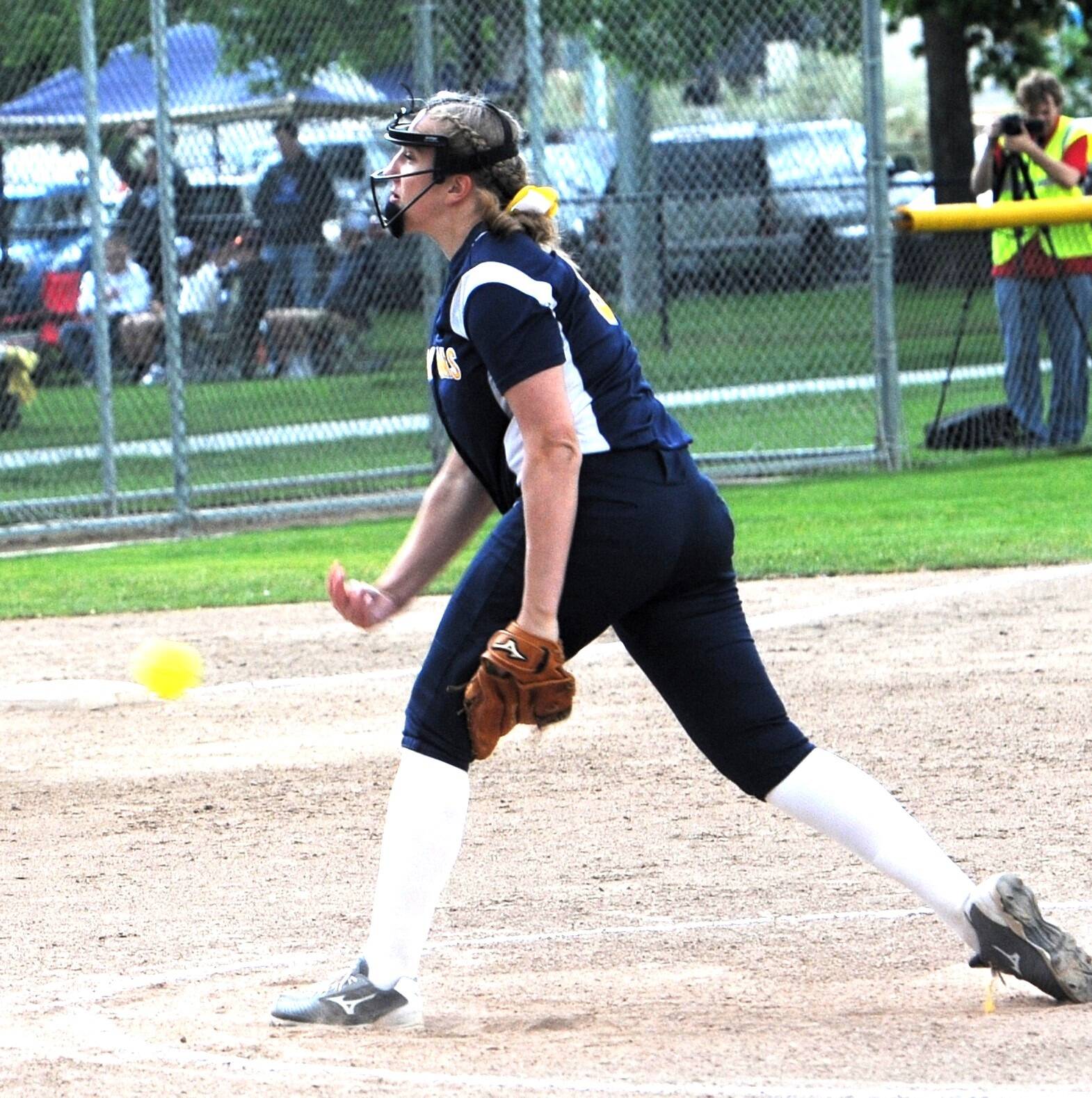Spartan pitcher Chloe Leverington in 2019 under Coach Jr. Dean helped Forks to a fourth place finish at State in class 1A competition. Leverington, now a junior at Saint Martin’s University, is their primary pitcher. Photo by Lonnie Archibald