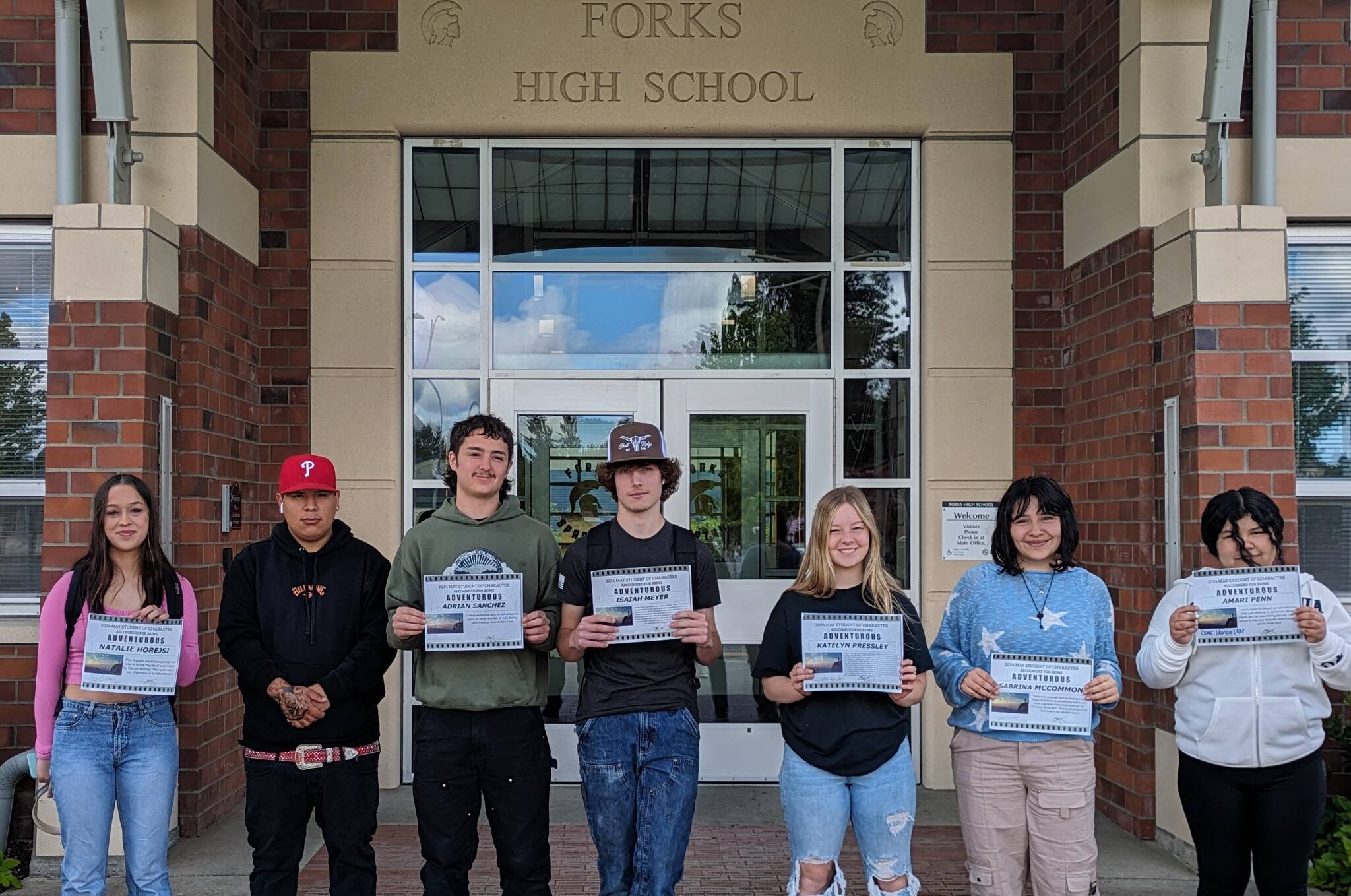 Forks High School’s final Student of Character selections represented students who were adventurous. L to R Natalie Horejsi, Shiaz Ward, Adrian Sanchez, Isaiah Meyer, Katelyn Pressley, Sabrina McCommon, Amari Penn. Not pictured-Kendsie Thompson. Submitted photo