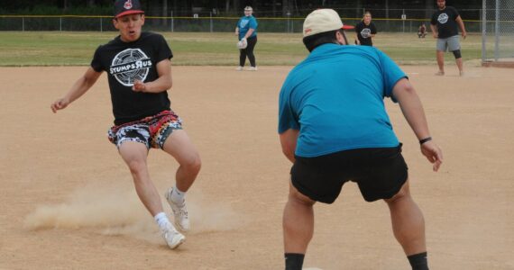 Ex-Spartan Aidan Salazar, playing for Stumps R Us, was safe at 3rd against Balls and Dolls.