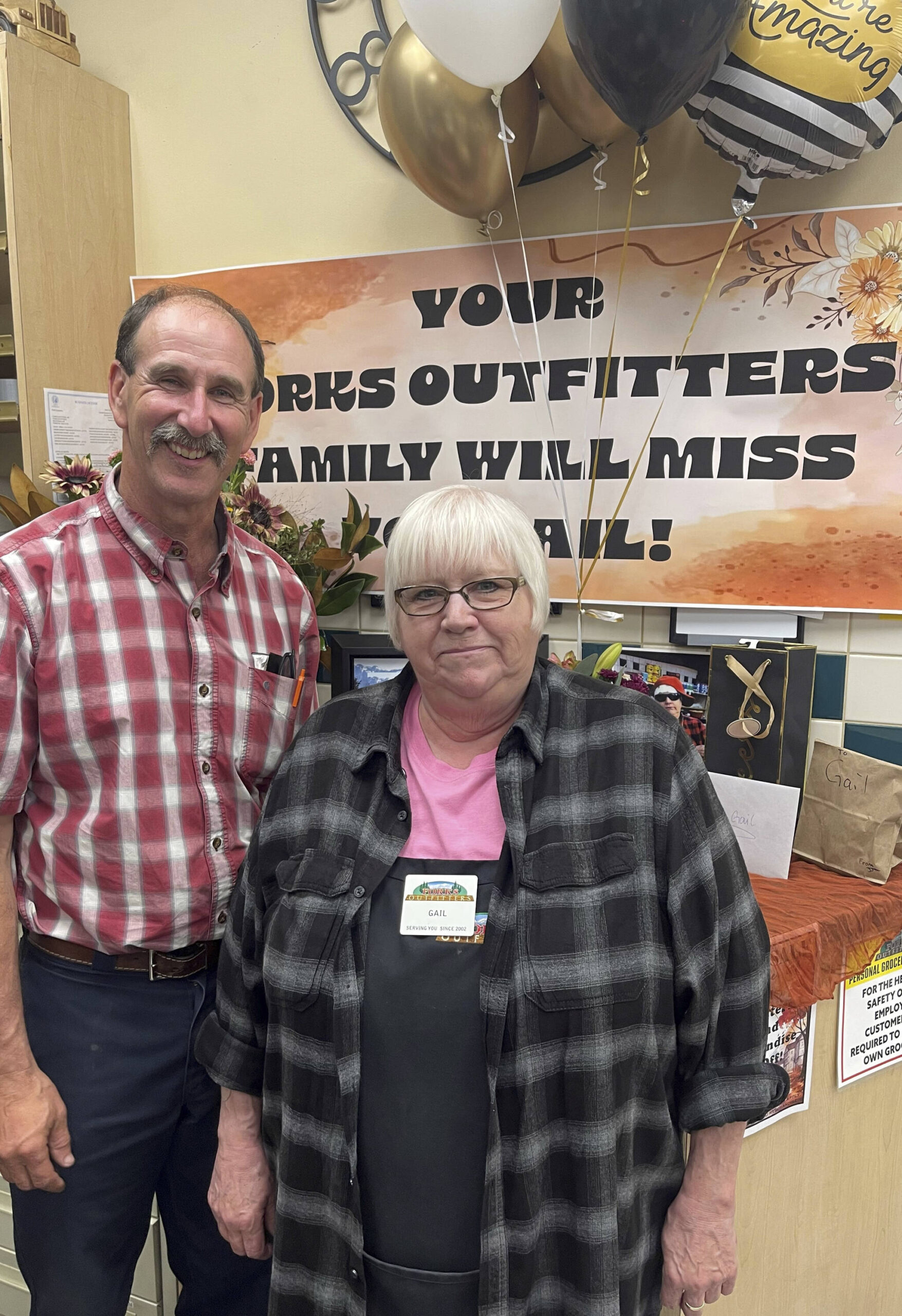 Gail Lingvall worked her last shift, 4 p.m. - 9 p.m., at Forks Outfitters on Thursday, Sept. 5, 2024. Gail has been at the store for 22 years! Her coworkers threw a small party for her at the service center on her last night. Gail is seen here with Outfitters owner Bruce Paul. Thank you Gail for the many years of great customer service! you will be missed. Submitted photo