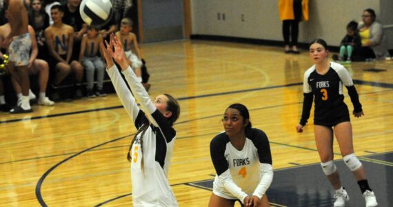 Spartan Reagan Dunn (5) hits while teammates Eladia Hernandez-Stansbury (4) and Kylie Hull look on. Forks defeated Chief Leschi 3 to 0 in the Spartan Gym on Oct. 3. Photo by Lonnie Archibald