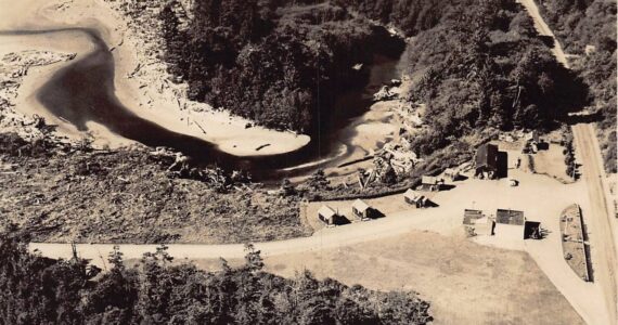 Aerial view of Kalaloch Creek, a few cabins and other original buildings.