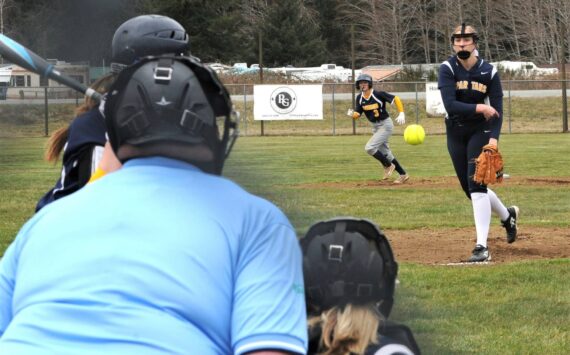 Photo by Lonnie Archibald
Ex-Spartan Chloe Leverington was selected to the Great Northwest Athletic Conference 2025 softball academic all-conference team. She pitches for St Martin’s College in Lacy, where she has a 13 and 1 record. Pictured here, she pitches against Ilwaco during her Forks High School career.