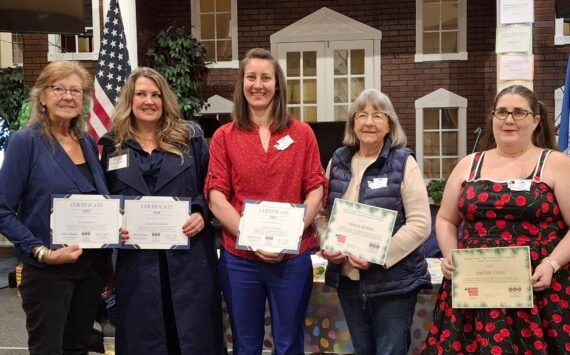 Pictured are the Michael Trebert DAR Members who chaired as Location Coordinators (“LC” at each cemetery), who were honored at a recent meeting. (L-R: Gardiner Cemetery LC: Trish Bekkevar; Forks Cemetery LC: Lindsey Christianson; Mount Angeles LC Amira-Lee Salavati; Blue Mountain LC Cemetery: Donna Bower and Gwynn Oden Ocean View LC Cemetery. (Not pictured, Diane Cox Dungeness LC Cemetery and Anita Reynolds LC Sequim View Cemetery).