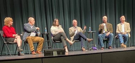 Photo by Mavis Amundson
Last Tuesday, April 22, the new Field Hall hosted a discussion of the current state and future of local news. The panelists, from left, are Emma Maple, Peninsula Daily News reporter; Brier Dudley, The Seattle Times columnist; Eran Kennedy, Olympic News Group publisher; George Erb, retired journalist and moderator; Rich Riski, Peninsula College instructor; and Brown Maloney, Radio Pacific owner.