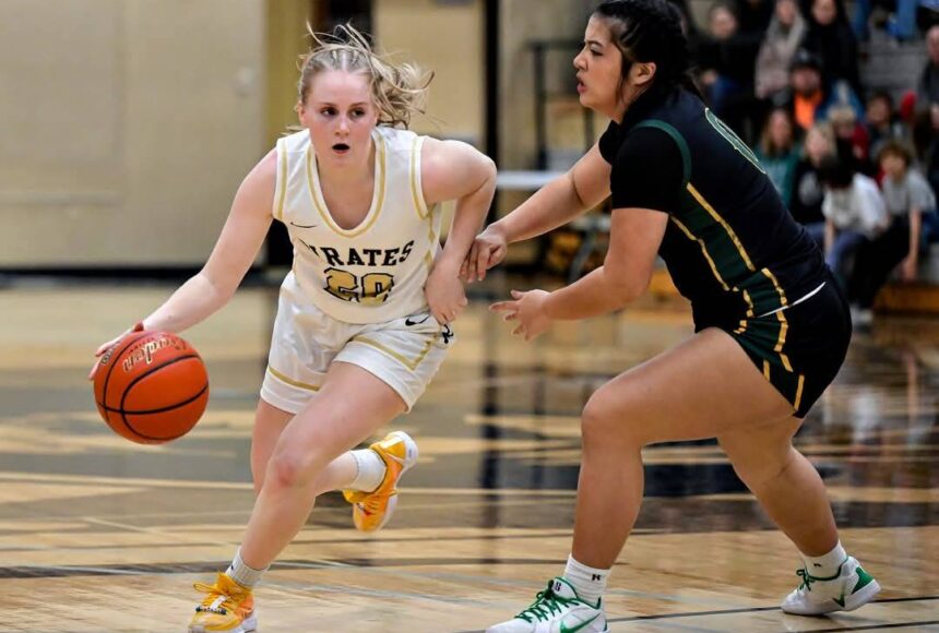<p>Peninsula Pirates Athletic Department</p>
                                <p>Pirate guard Kadie Wood handling the ball in a game against Shoreline. Wood scored 10 points.</p>