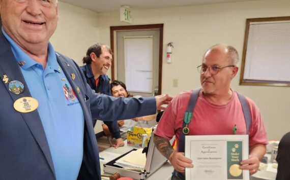 Kevin Borde proudly presents John Bounpane of the Forks Lions with a Presidents Medal and Certificate of Appreciation from the Lions International President, honoring his exceptional leadership in the White Canes campaign. Thanks to John’s dedication, this years effort raised nearly $16,000 for Lions sight and hearing initiatives, surpassing last year’s $12,000. Congratulations to John and the Forks Lions Club for their continued leadership and impact! 
Submitted photo