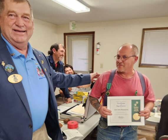 Kevin Borde proudly presents John Bounpane of the Forks Lions with a Presidents Medal and Certificate of Appreciation from the Lions International President, honoring his exceptional leadership in the White Canes campaign. Thanks to John’s dedication, this years effort raised nearly $16,000 for Lions sight and hearing initiatives, surpassing last year’s $12,000. Congratulations to John and the Forks Lions Club for their continued leadership and impact! 
Submitted photo