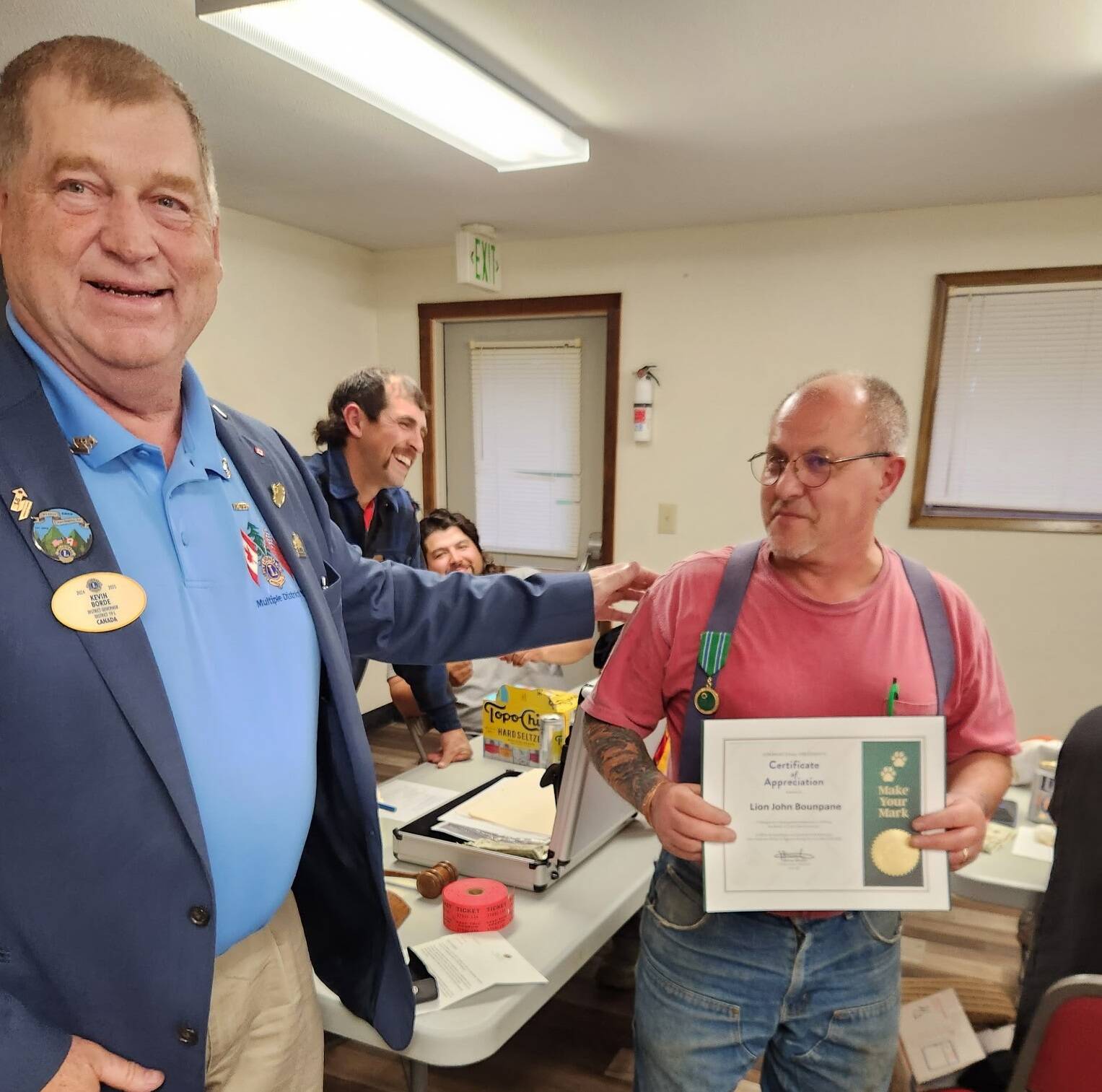 Kevin Borde proudly presents John Bounpane of the Forks Lions with a Presidents Medal and Certificate of Appreciation from the Lions International President, honoring his exceptional leadership in the White Canes campaign. Thanks to John’s dedication, this years effort raised nearly $16,000 for Lions sight and hearing initiatives, surpassing last year’s $12,000. Congratulations to John and the Forks Lions Club for their continued leadership and impact! 
Submitted photo