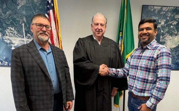 Submitted photo 
Forks Mayor Tim Fletcher, Judge Bruce Hanify and new council member Vilkesh Patel.