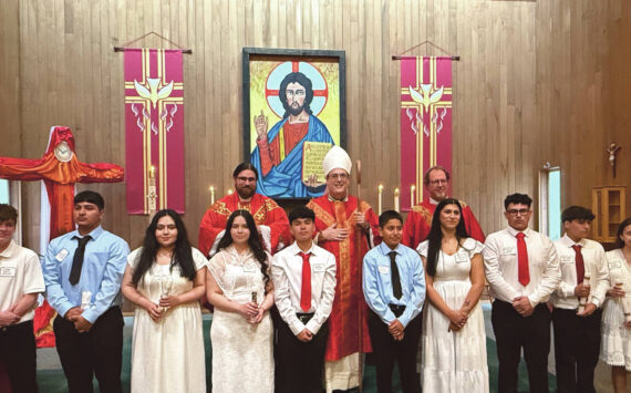 Submitted photo
Presiding L-R: Back Row Rev. Fr. Jacob Maurer, Pastor Olympic Catholic Parishes, Most Rev. Bishop Frank Schuster, Seattle Archdiocese, and Rev. Fr. Ed White, Parish Priest Saint Anne Saint Thomas Mission.
Names of the Confirmed L-R: Liam David Miller, Ivan Rivera Bastida, Maria Yareli Hernandez Colin, Alma Brenda Hernandez Colin, Andres Hernandez Silva, Carlos Rivera Bastida, Sylvia Guadalupe Torres, Ricardo Yael Garcia Aparicio, Oscar Daniel Olivera Barragan and Tanya Olivera Barragan.