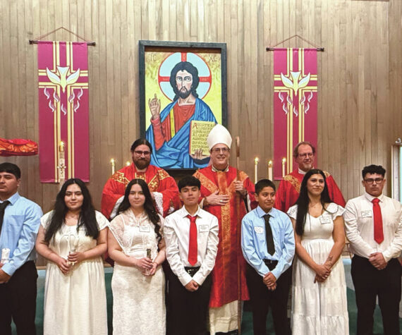 Submitted photo
Presiding L-R: Back Row Rev. Fr. Jacob Maurer, Pastor Olympic Catholic Parishes, Most Rev. Bishop Frank Schuster, Seattle Archdiocese, and Rev. Fr. Ed White, Parish Priest Saint Anne Saint Thomas Mission.
Names of the Confirmed L-R: Liam David Miller, Ivan Rivera Bastida, Maria Yareli Hernandez Colin, Alma Brenda Hernandez Colin, Andres Hernandez Silva, Carlos Rivera Bastida, Sylvia Guadalupe Torres, Ricardo Yael Garcia Aparicio, Oscar Daniel Olivera Barragan and Tanya Olivera Barragan.