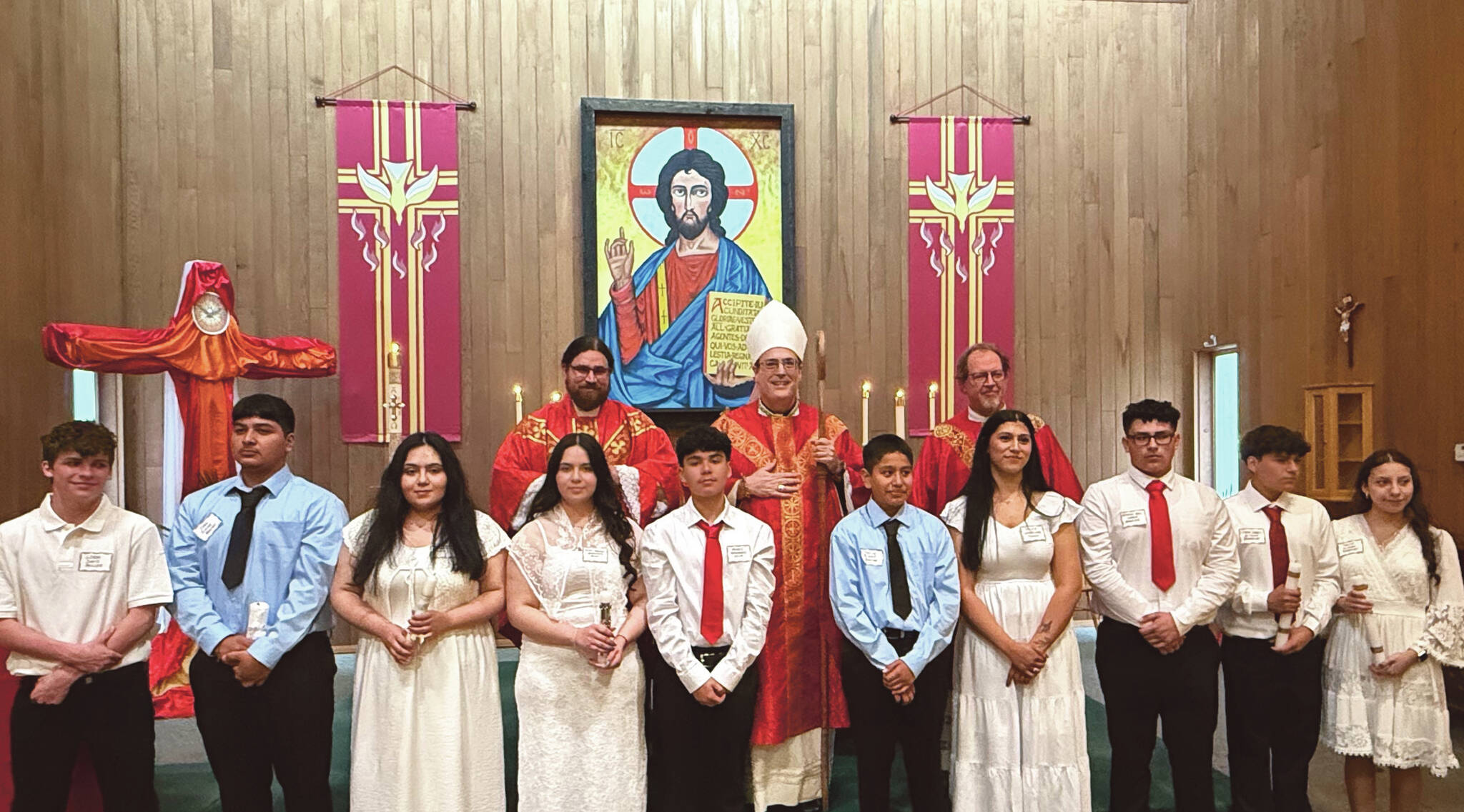 Submitted photo
Presiding L-R: Back Row Rev. Fr. Jacob Maurer, Pastor Olympic Catholic Parishes, Most Rev. Bishop Frank Schuster, Seattle Archdiocese, and Rev. Fr. Ed White, Parish Priest Saint Anne Saint Thomas Mission.
Names of the Confirmed L-R: Liam David Miller, Ivan Rivera Bastida, Maria Yareli Hernandez Colin, Alma Brenda Hernandez Colin, Andres Hernandez Silva, Carlos Rivera Bastida, Sylvia Guadalupe Torres, Ricardo Yael Garcia Aparicio, Oscar Daniel Olivera Barragan and Tanya Olivera Barragan.