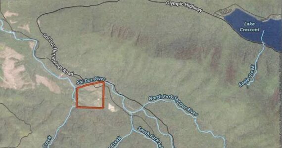 A screenshot of a map that was part of a presentation to a Clallam County Hearing examiner on June 5. Highway 101 runs along the top to Lake Crescent the project area is outlined in orange.