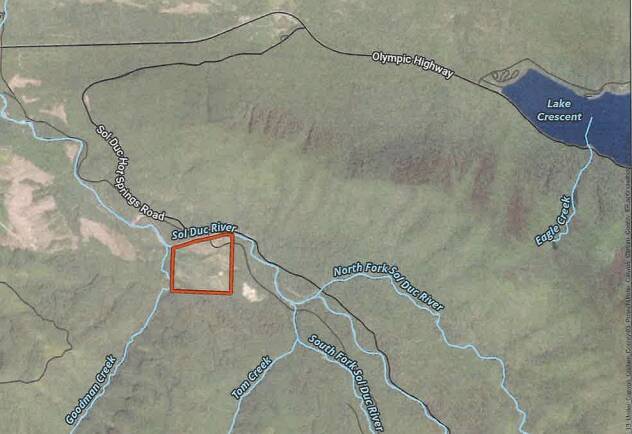 A screenshot of a map that was part of a presentation to a Clallam County Hearing examiner on June 5. Highway 101 runs along the top to Lake Crescent the project area is outlined in orange.