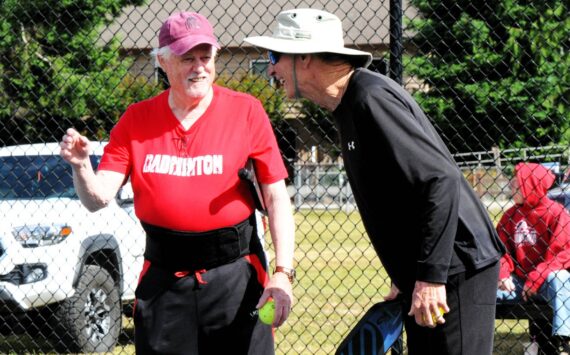 Photo by Lonnie Archibald
John Doherty (left) and Bert Paul were having a good time during the 5th annual “Paddle Battle” in Forks. The Pickleball Tourney held Saturday at Tillicum Park was sponsored by West End Thunder.