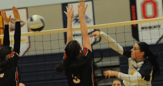 Photo by Lonnie Archibald
Spartan Chloe Gaydeski (6) hits against Coupeville. Also in the action are Spartans Fynlie Peters (19) and Bailey Johnson (2).