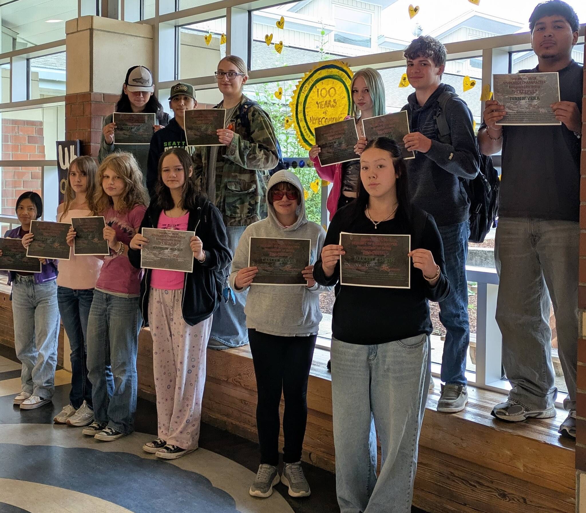 As Forks High School kicks off Spirit Week in celebration of its 100th Homecoming, we’re also proud to recognize students who were nominated by staff for demonstrating the character trait of being Peaceful. These students stand out for being tranquil and free from disturbance. Congratulations to these Spartan students for being a Student of Character.
Bottom Row l to r: Liliana Lopez Calmo, Kinley Petrovich, June Gaedtke, Carlee Barker, Makayla Smith. Top row: Shon Jackson, Riley Jackson, Julianne Cook, Ella Jones, Liam Miller, Ivan Rivera, not pictured: Gladis Martin Pablo.