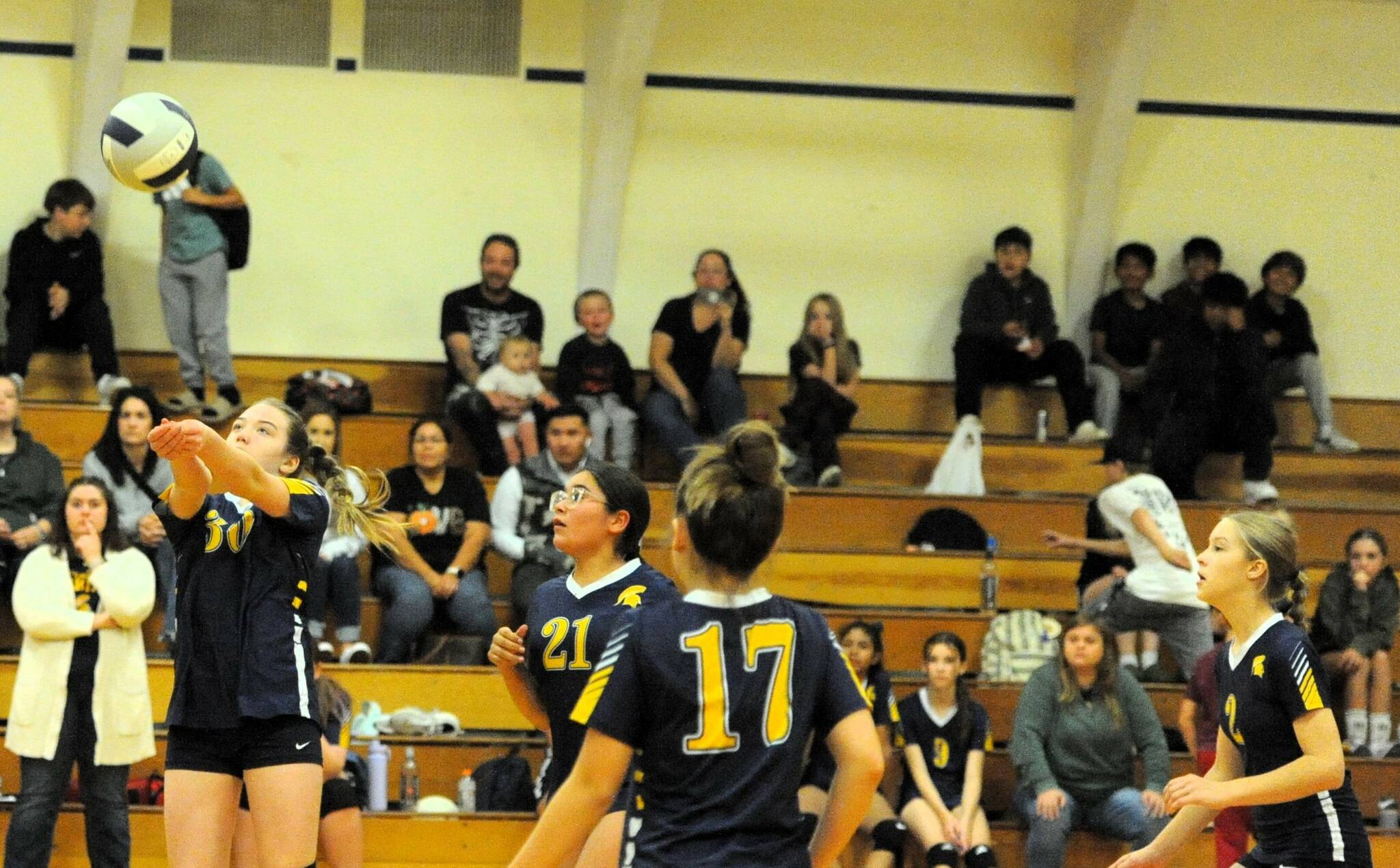 Spartan Piper McReynolds hits against Blue Heron, who Forks defeated 2 to 1 in seventh-grade volleyball played in the Forks auxiliary gym. Also in the action are Neena Fisher, Raleigh Thomason, and Pyper Graham.
Photo by Lonnie Archibald