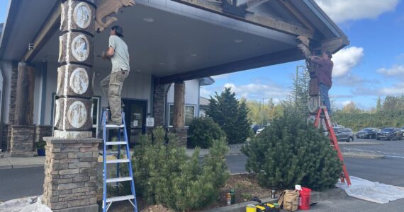 A number of years ago Vern Hestand created the totem-artwork on the entrance at Bogachiel Clinic and recently he has begun giving them some much needed freshinging up. Recently Will and Vern started the process by filling cracks and sanding down some of the weathered areas. The work will continue for a few more weeks.
Photo Christi Baron