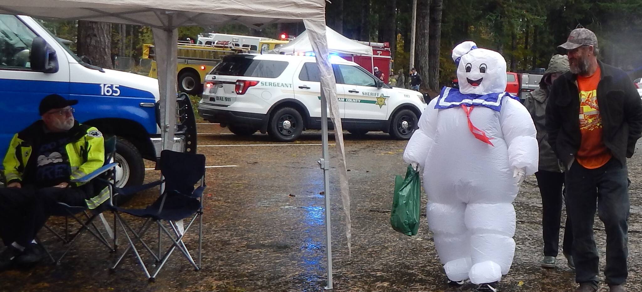 Mr. Staypuft Marshmallow guy …was all smiles despite the weather and was seen heading for the Forks Ambulance station.