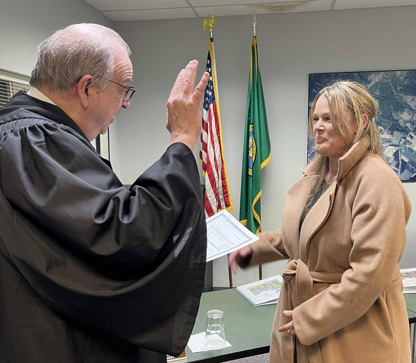 Clallam County District Court II Judge Bruce Hanify swore in the newest member of the Forks City Council on Monday, Dec. 1, during a special council meeting. Corey Pearson won election in November over Armistead Coleman, who had been appointed to fill a vacancy. Submitted photo