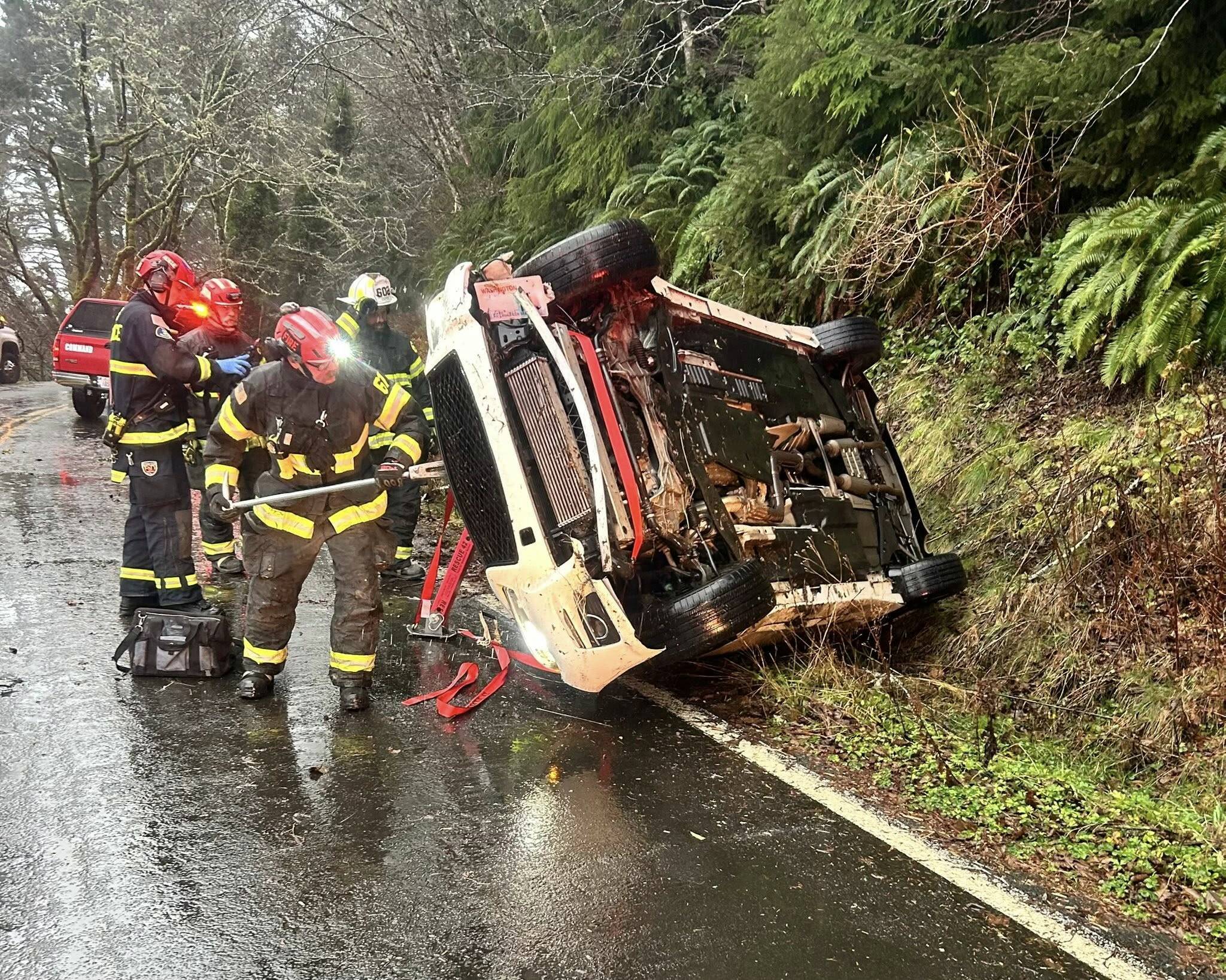 Three Rivers Fire Department and partner agencies responded to an overturned vehicle accident inside Olympic National Park on Mora Road on December 25. Crews secured the scene, stabilized the vehicle, assessed all four occupants for injuries, and managed traffic until the roadway was fully cleared. Photo CCFD#6