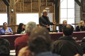 James Jaime addresses the Forks Chamber of Commerce and guests at the Roundhouse at the new Kit.la Center.