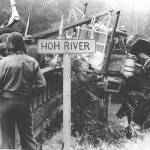 This Dahlgren log truck dangling off the Hoh Bridge is just one of many of the photos shared along with stories from many area truck drivers in Lonnie Archibald&rsquo;s latest book.