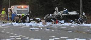 This is the result of a two-vehicle accident near the junction of Salmon Drive and Highway 101 north of Forks which took place at approximately 4 p.m. Friday, December 8. The 24-year-old male driver of this vehicle who was ejected onto the pavement was transported to the Forks Community Hospital by Forks medics. Rumors are that he was air lifted to Seattle. A truck and trailer were also involved. Also responding to the scene was the WSP, Clallam County Sherriff, and the District 1 Fire Dept. from Forks and Beaver. The highway was closed with traffic being diverted to Maxfield Road, Steelhead Ave and Salmon Drive. Photo by Lonnie Archibald