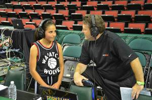 Courtney Swan of Neah Bay seen here being interviewed after playing at Key Arena against Napavine. Submitted Photo