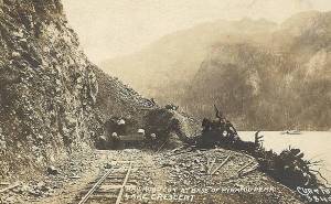 This postcard shows the original builders of the Spruce Railroad. A paddle wheel ferry boat can be seen on Lake Crescent. Forks Forum Archives