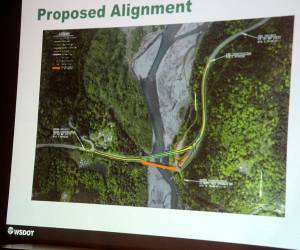 This slide shown at the WSDOT presentation shows the old bridge in orange and the new alignment above.