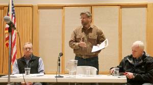 Representatives Steve Tharinger and Mike Chapman, with State Senator Kevin Van De Wege facilitate a Town Hall meeting at the Rainforest Arts Center in downtown Forks last Thursday. Photo Christi Baron