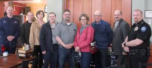 City staff, department heads, and citizens gathered at the Forks Chamber of Commerce meeting last Wednesday to hear the Mayors annual State of the City address, seen here left to right are Sr. Chief USCG Station Quillayute River Michael Carola, City of Forks Public Works Director Paul Hampton, Clerk/Treasurer Audrey Grafstrom, City Councilman Jon Preston, Forks Mayor Tim Fletcher, Juanita Weissenfels and Bill Brager city council members, Attorney/Planner Rod Fleck, and Forks Chief of Police Michael Rowley. Photo by Christi Baron