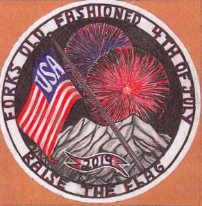 The 2019 button design, with this years theme Raise the Flag.